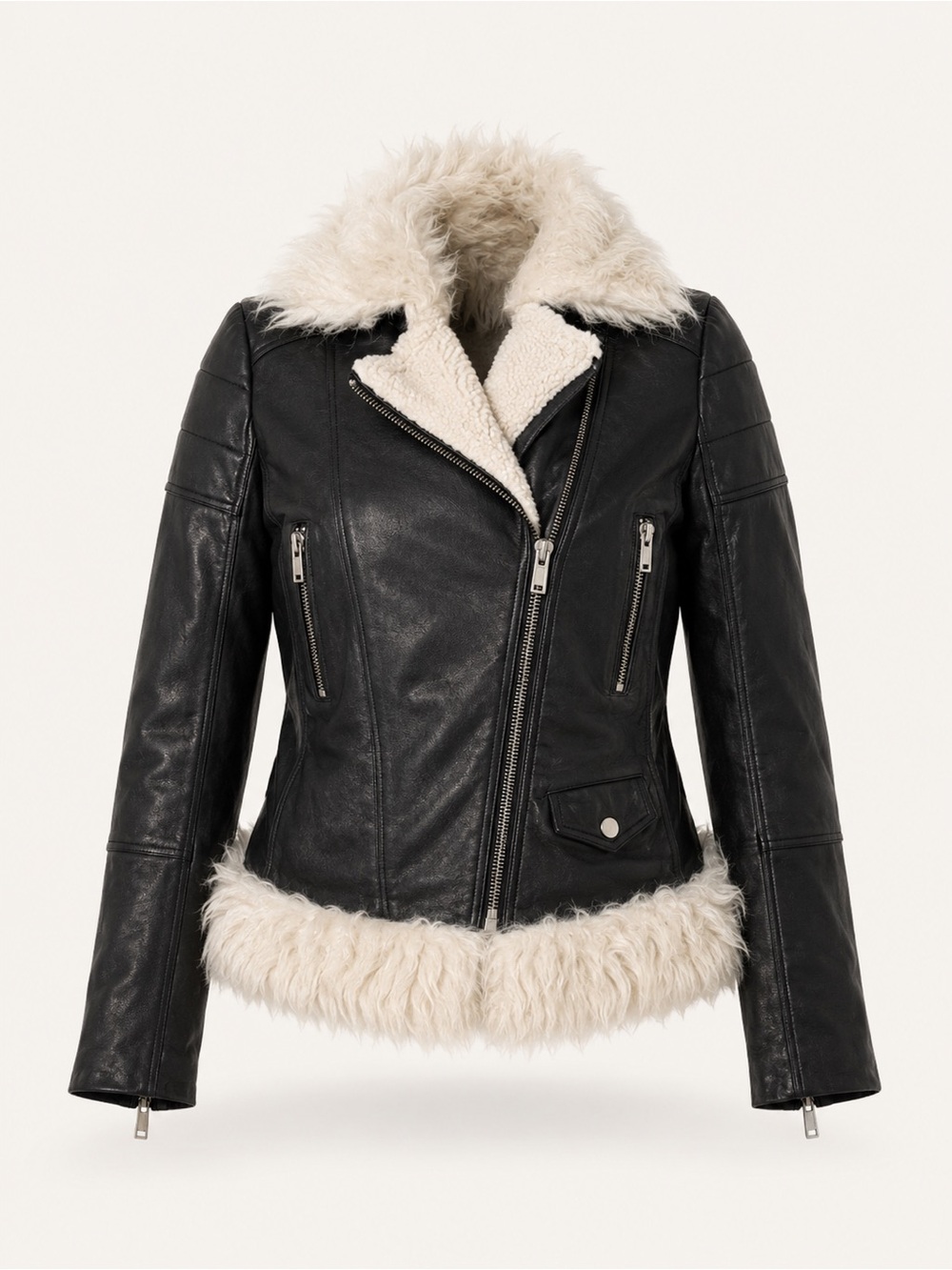 Tasha Tarno Black Leather Shearling-Trim Moto Jacket – Size M